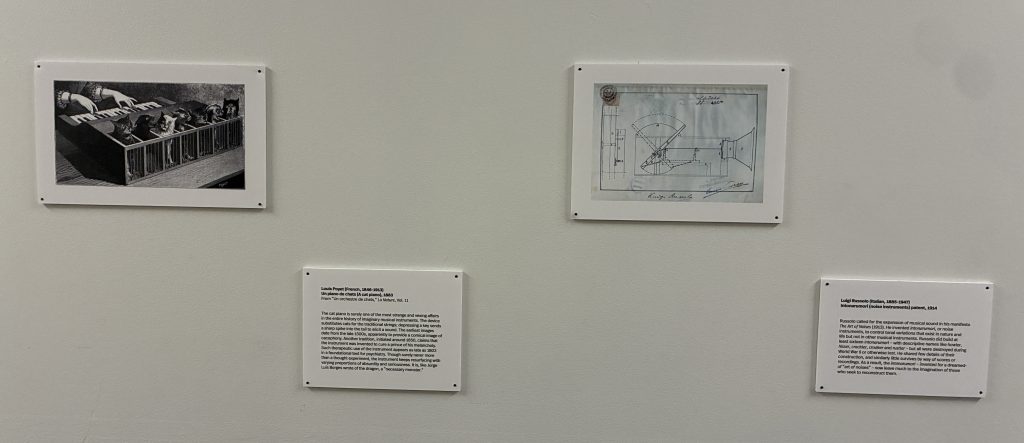 Black and white photograph of individuals using a machine for an unknown purpose, displayed alongside a handwritten blueprint.