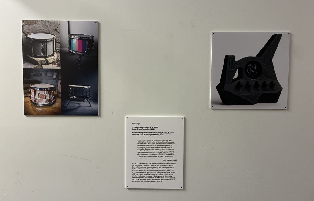 A collage of four images featuring different snare drums, showcasing their unique designs and textures, displayed on a wall.