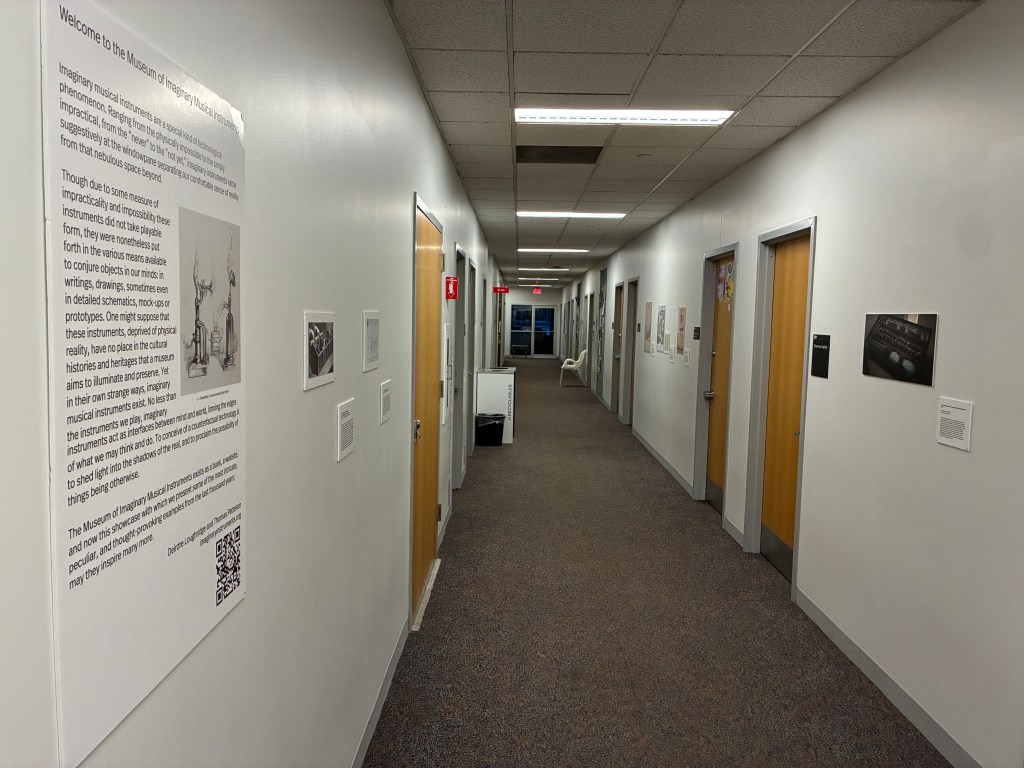 A hallway in the Museum of Imaginary Musical Instruments, featuring white walls with informational text on one side, several closed doors, and artwork displayed. Soft lighting illuminates the space.